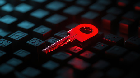 A striking image of a red key positioned on a dark keyboard, showcasing dramatic lighting and shadows. This image symbolizes security and digital access.の素材