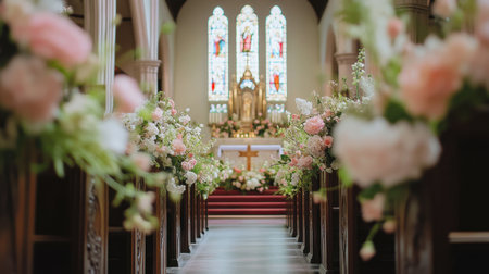 Beautiful church interior featuring elegant floral arrangements lining the aisle. The serene atmosphere enhances the spiritual ambiance, ideal for ceremonies.の素材