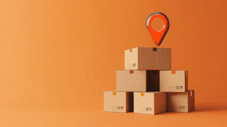 A creative composition featuring stacked shipping boxes on an orange background, topped with a location pin symbolizing delivery tracking and logistics.の素材