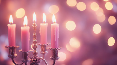 Soft pink candles illuminate a vintage candelabra, creating a serene and romantic atmosphere with blurred lights in the background, perfect for celebrations.の素材