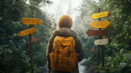 A person stands at a crossroad in a misty forest, surrounded by directional signposts. The tranquil scene captures the essence of choices in life, evoking feelings of adventure and introspection.の素材