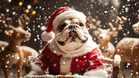 An adorable bulldog dressed as Santa sits in the snow, surrounded by festive reindeer decorations. This charming scene captures the joy of the holiday season.の素材