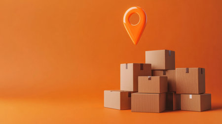 This image features a stack of cardboard boxes with a vibrant orange background and a location pin hovering above, symbolizing delivery and logistics.の素材