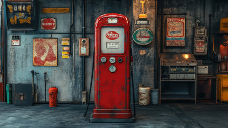 A vintage red fuel pump stands prominently in a retro garage, surrounded by old signage and nostalgic decor, evoking a sense of history and charm.の素材