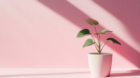 A fresh green plant in a sleek white pot sits elegantly on a soft pink background, showcasing a minimalist aesthetic that enhances any interior space.の素材