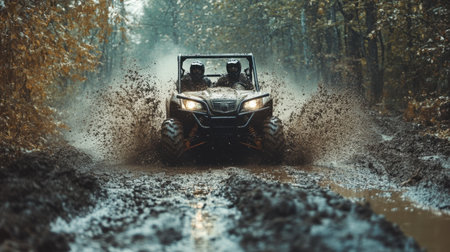 Experience the thrill of off-road adventure with an ATV navigating through muddy terrain in a dense forest, splashing water and dirt while two riders enjoy the journey.の素材