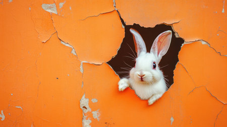 A charming rabbit peeks through a hole in a bright orange wall, showcasing its cute features. This playful scene captures curiosity and adds a whimsical touch to any project.の素材