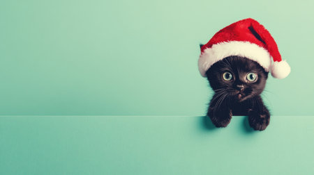 This charming black kitten wearing a Santa hat adds a festive touch to any holiday project. Perfect for Christmas-themed designs and promotions.の素材