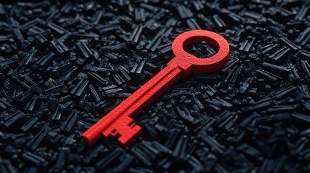 A vivid red key positioned on a textured black surface, illustrating the concept of unlocking potential and opportunities. This striking contrast creates an engaging visual metaphor.の素材