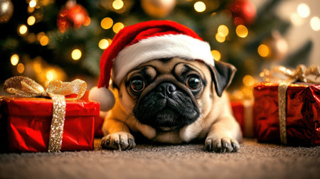 A charming pug dog wearing a Santa hat lies among beautifully wrapped Christmas presents, creating a warm and festive holiday atmosphere.の素材