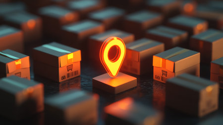 A glowing location pin stands out among a sea of cardboard boxes, symbolizing modern logistics and delivery services. Ideal for conveying shipment themes.の素材