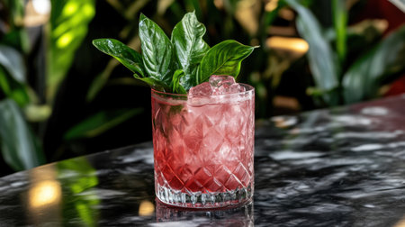 A vibrant cocktail featuring fresh basil leaves, served over ice in a stylish glass. Perfect for summer gatherings or upscale bar settings, this drink offers a refreshing taste.の素材