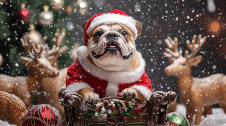 A charming bulldog dressed in a Santa outfit sits among festive decorations, creating a warm and joyful atmosphere perfect for the holiday season.の素材