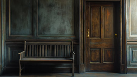 A serene interior scene featuring a classic wooden bench beside a dark-paneled wall and an elegant doorway, exuding warmth and simplicity.の素材