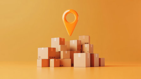A creative representation of delivery logistics featuring cardboard boxes stacked with a bright orange location icon. Perfect for illustrating shipping services.の素材