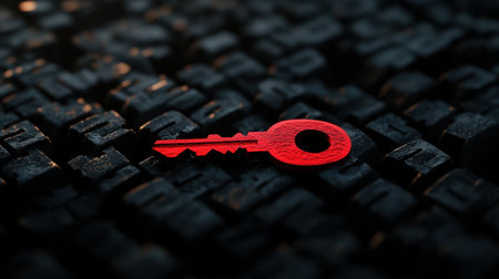 A striking red key set against a backdrop of vintage metal printing letters, symbolizing access and creativity. The image features intricate textures and shadows.の素材