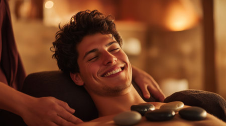 A young man enjoys a soothing spa treatment with hot stones on his back. The warm stones promote relaxation and wellness in a serene indoor environment.の素材