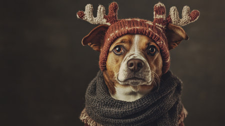 This charming dog model wears a cozy scarf and a festive hat with reindeer antlers, capturing the joyful spirit of winter holidays with a playful expression.の素材