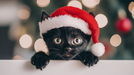 A cute black cat wearing a festive Santa hat peeks over a surface, surrounded by soft Christmas lights, capturing the joyful spirit of the holiday season.の素材