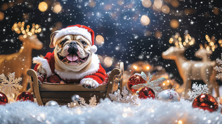 A delightful dog dressed in a Santa outfit sits in a festive setting surrounded by holiday decorations and snow, exuding warmth and cheer.の素材