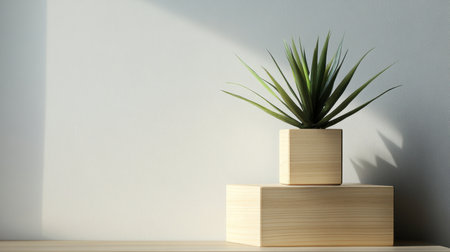 A serene minimalist arrangement featuring a green plant in a simple wooden box setup. Soft natural light creates gentle shadows, enhancing the peaceful ambiance.の素材