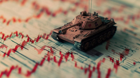 A striking image of a toy tank positioned on a financial chart, symbolizing the intersection of economics and warfare. Ideal for concepts of market analysis.の素材