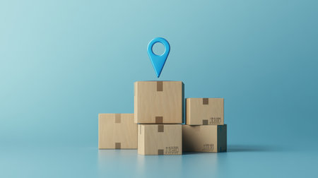This visual showcases a collection of wooden boxes stacked with a location pin on a blue background, symbolizing the delivery and logistics process for e-commerce.の素材