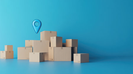 A vibrant blue backdrop features stacked cardboard boxes and a location pin, symbolizing delivery and logistics solutions. Ideal for e-commerce and shipping themes.の素材