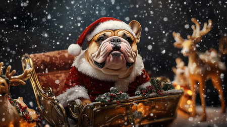 A cheerful bulldog dressed in a Santa suit sits in a luxurious sleigh surrounded by reindeer and falling snow, creating a magical holiday scene.の素材