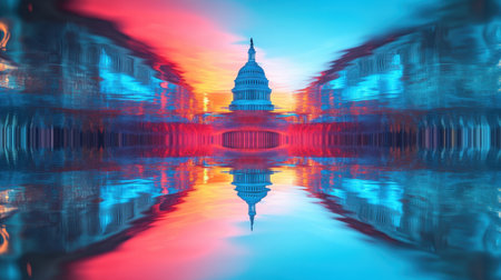 Captivating abstract view of the U.S. Capitol Building reflected in tranquil water at sunset. Vivid colors of blue and red create a stunning scene.の素材