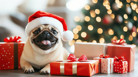 Adorable pug dog wearing a Santa hat happily poses among colorful Christmas gifts, capturing the festive spirit and joy of the holiday season.の素材