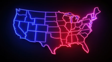 This striking neon outline map of the United States features a vibrant blue and red color scheme. Ideal for artistic and modern design projects.の素材