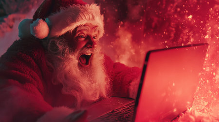Santa Claus cheerfully reacts to a surprise on his laptop during a snowy evening. The warm glow from the screen contrasts with the cold winter landscape, capturing the joy of the holiday season.の素材
