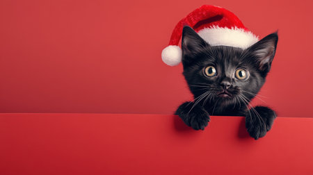 A charming black cat wearing a festive Santa hat peeks over a red background, exuding playful joy. Perfect for capturing the holiday spirit and festive fun.の素材