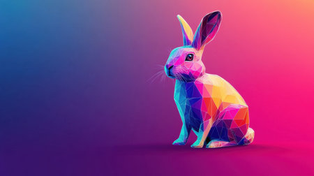 A vibrant and colorful polygonal rabbit sits against an abstract background, showcasing modern digital art techniques in geometric design, perfect for art enthusiasts.の素材