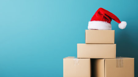 Stacked gift boxes topped with a Santa hat create a joyful Christmas scene. Perfect for holiday themes and decoration ideas, set against a soothing blue background.の素材