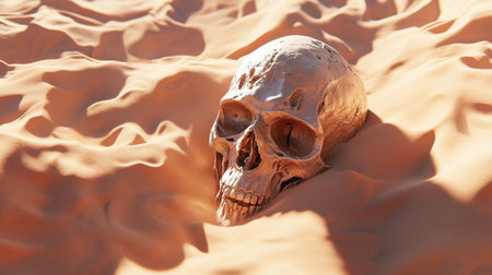A striking image of a skull partially submerged in soft desert sand, capturing themes of death, mystery, and desolation in a surreal landscape.の素材
