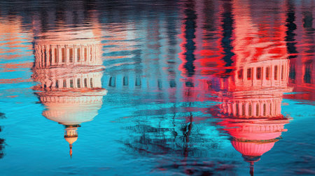 This captivating image showcases the stunning reflection of a majestic Capitol building in clear water, highlighted by vibrant colors and serene surroundings.の素材