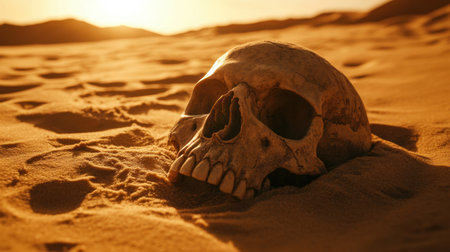 A striking image of a skull lying in the warm sands of a desert at dusk, evoking themes of solitude, nature, and mystery in a tranquil yet eerie setting.の素材