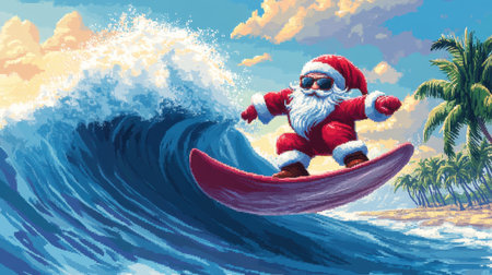 This vibrant illustration features Santa Claus surfing on a wave in a tropical beach setting. The fun, cheerful scene captures the spirit of holiday adventure.の素材