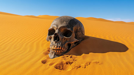 A striking skull rests on the vibrant orange sand of a tranquil desert, surrounded by smooth dunes under a clear blue sky, evoking themes of mystery and exploration.の素材