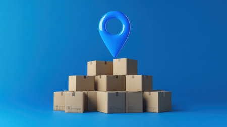 This image represents the relationship between delivery logistics and location. It features stacked boxes with a location pin, symbolizing efficient transportation and order fulfillment.の素材