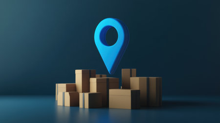A bright blue location pin stands out amid cardboard boxes, symbolizing shipping and delivery in logistics, e-commerce, and navigation. Perfect for business visuals.の素材