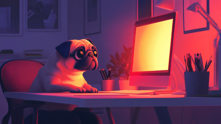 A charming digital artwork of a pug dog wearing glasses, intently sitting at a desk illuminated by a warm computer screen, creating a cozy and playful atmosphere.の素材
