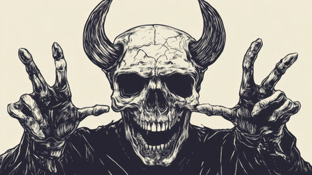 This chilling illustration features a sinister skull with horns, showcasing eerie details and a menacing gesture. Perfect for horror-themed projects.の素材