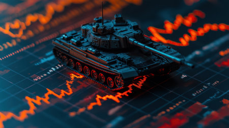 A detailed black toy tank sitting on a vibrant stock market chart represents the intersection of finance and military strategy. Explore themes of investment and data analysis in dynamic markets.の素材