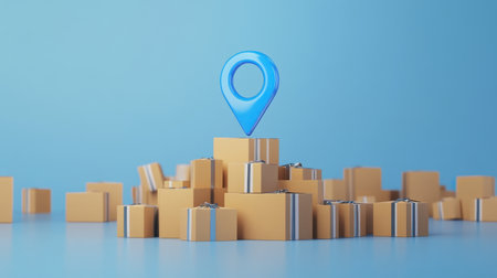 This image features a creative arrangement of delivery packages with a vibrant location pin on a blue background, symbolizing logistics and navigation in e-commerce.の素材