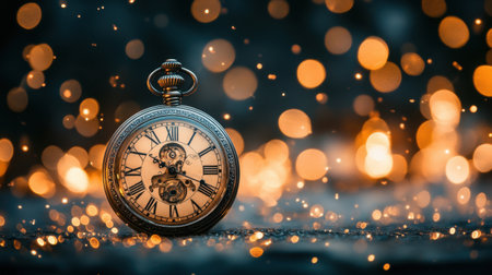 An elegant antique pocket watch with intricate details rests against a vibrant bokeh background, capturing the essence of timeless beauty and nostalgia.の素材