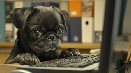 A charming black pug dog curiously types on a computer keyboard in a modern office. This playful scene captures the humor and cuteness of pets engaging in everyday activities.の素材
