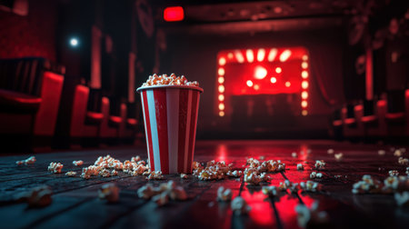 An empty popcorn bucket rests on a wooden floor, with spilled popcorn scattered around. The dimly lit movie theatre creates a nostalgic atmosphere, perfect for film lovers.の素材